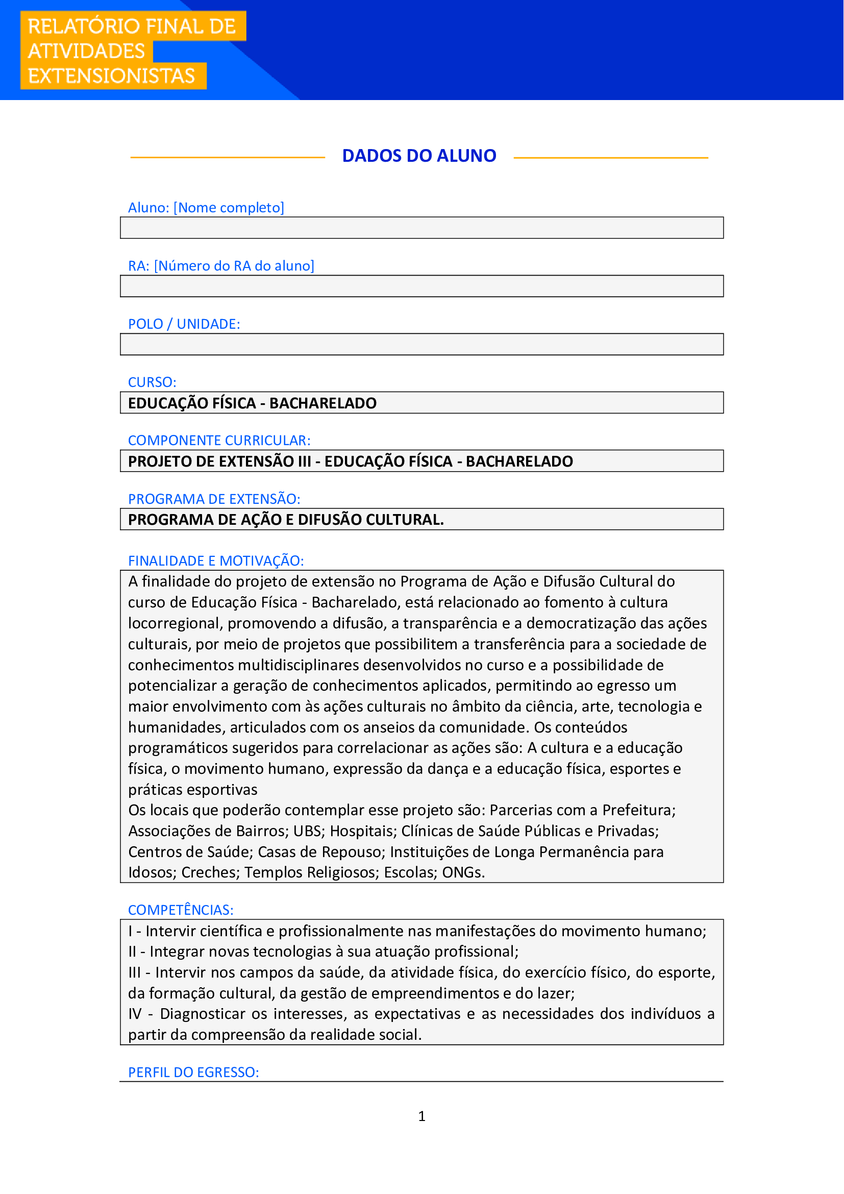 Projeto de Extensão IIi educação física bacharelado